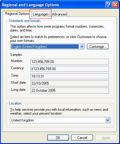 Regional and Language Options: Regional Options